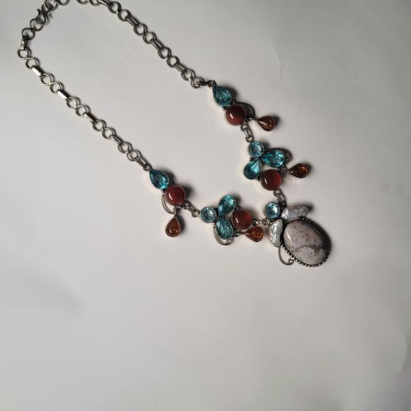 Sterling Silver Gemstone Necklace With Blue Topaz, Carnelian, Amber, And Pearls - Picture 4 of 10